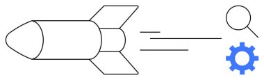 Rocket moving with motion lines, magnifying glass for research, and gear for efficiency. Ideal for progress, innovation, development, exploration, technology research startup growth. Simple flat