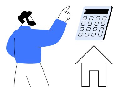 Man gestures toward a calculator and house outline, emphasizing financial decisions, home budgeting, and mortgage planning. Ideal for finance, real estate, saving, investment, insurance housing