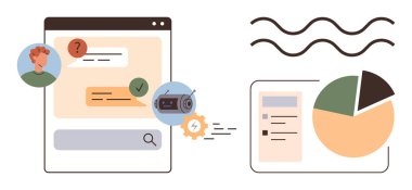 Chat messages, user profile, automation process, pie chart, and data table. Ideal for communication, collaboration, automation analytics workflow problem-solving and teamwork. Simple flat