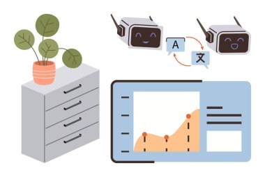 Robots exchanging translation dialogues, data graph with analytics, and office drawer and potted plant. Ideal for technology, AI, data, analytics, productivity multilingual teamwork themes. Simple