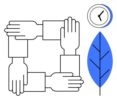 Four hands interconnected forming a square, representing collaboration. Nearby clock symbolizes time management, and a blue leaf conveys sustainability. Ideal for teamwork, time, environment, unity