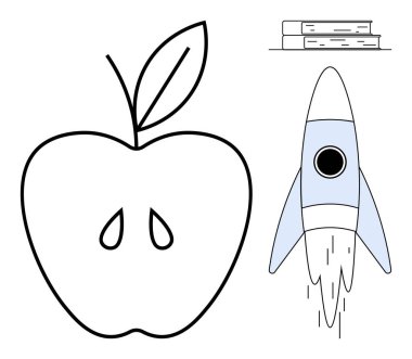 Apple outline with seeds, rocket launching upward, and stacked books symbolize learning, growth, creativity, progress, science, exploration. Ideal for education innovation aspiration development