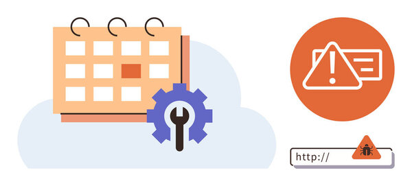 Calendar, gear for system updates, alert notification, browser warning. Ideal for task planning, cybersecurity, system maintenance, scheduling troubleshooting workflow problem solving. Simple flat