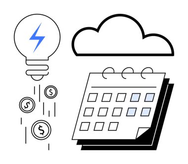 Light bulb with energy icon releasing coins beside calendar and cloud. Ideal for energy management, financial planning, technology, sustainability, savings, scheduling, innovation. Simple flat