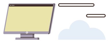 Desktop monitor next to cloud shape and simple UI lines. Ideal for technology, data storage, digital workspace, interface design, cloud computing, remote work, innovation. Minimal flat metaphor