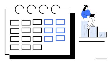 Calendar with highlighted dates, woman using laptop seated on chart bars. Ideal for productivity, organization, task management, data visualization, workplace strategy, project planning, simple flat