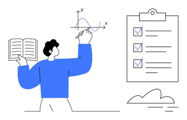 Man creating a graph on an axis while holding a book, with a checklist and cloud nearby. Ideal for education, organization, productivity, strategy, analytics, goal-setting knowledge. Clean flat