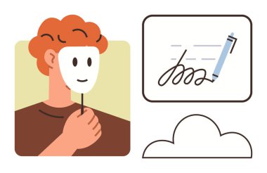 Person holding face mask, digital signature with pen, cloud icon representing identity, privacy, digital safety, authentication, technology usage, and cloud services. Ideal for online identity
