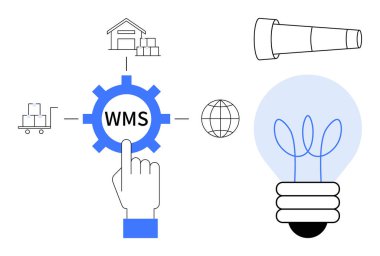 Gear labeled WMS linked to warehouse, shipping, and global logistics, hand pointing to gear, telescope and lightbulb symbolizing innovation. Ideal for logistics, warehouse tech, strategy, supply