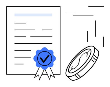 Official certificate with a blue ribbon and checkmark beside a coin in motion. Ideal for achievement, validation, success, finance, certification, rewards, and business security. Simple flat metaphor