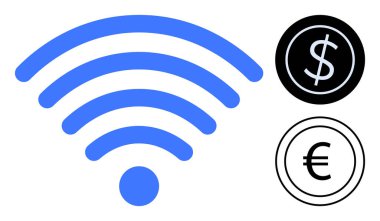 Blue wireless signal next to dollar and euro currency icons. Ideal for payment, connectivity, worldwide commerce, digital transactions, wireless access, online trade, simple flat metaphor
