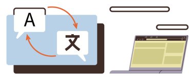 Speech bubbles with letters A and a foreign character connected by arrows next to an open laptop. Ideal for communication, translation, technology, education, globalization, learning tools, simple