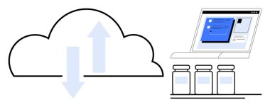 Cloud with arrows symbolizes data transfer, laptop displays software, jars represent laboratory samples. Ideal for cloud technology, data management, lab processing, software integration, digital