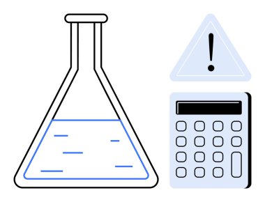 Laboratory flask with liquid, electronic calculator, caution sign highlighting safety. Ideal for science, research, analysis, education, chemistry risk management safety. A simple flat metaphor