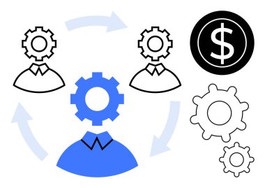 Gear-headed business team with circular workflow arrows, currency icon, and multiple gears. Ideal for teamwork, operation management, finance, process flow, collaboration, strategy simple flat