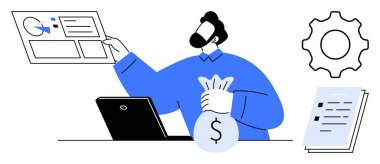 Man holding money sack while analyzing charts on digital interface, accompanied by a laptop, document, and gear. Ideal for finance, budgeting, investment, business strategy, digital tools analytics
