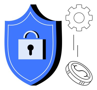 Blue shield with a padlock, cogwheel, and coin emphasizing cybersecurity, tech innovation, encryption, privacy, finance safety, data protection risk management. Ideal for secure solutions a simple