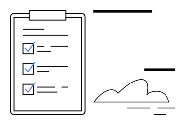 Tamamlanmış bir kontrol listesi ve minimalist bulutun yer aldığı pano, organizasyonu, verimliliği ve hedef başarısını sembolize ediyor. Görev yönetimi, planlama, odaklanma, iş akışı, takım çalışması ilerlemesi için ideal