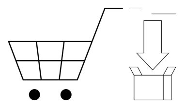 Açılmış kutu ve aşağı doğru ok ile bitişik tekerlekleri olan alışveriş arabası e-ticareti, perakende satış, dağıtım, lojistik, tedarik ve çıkış işlemini sembolize ediyor. Dijital ticaret için ideal minimum