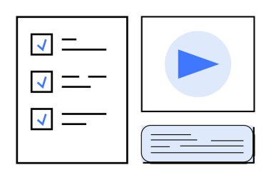 Solda mavi işaretli kontrol listesi, sağdaki karede mavi çalma tuşu ve aşağıdaki metin baloncuğu. Proje planlama, üretkenlik, görev tamamlama, iş akışı, organizasyon, amaç için ideal