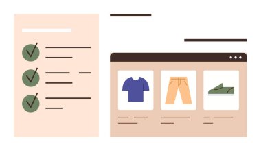 Checklist with completed tasks next to an online store window showcasing a t-shirt, pants, and shoes. Ideal for e-commerce, productivity, planning, organization, shopping, retail simple flat