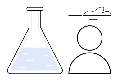 Flask with liquid next to a human outline under a cloud shape. Ideal for science, research, experimentation, innovation, education, creativity, and brainstorming. Simple flat metaphor