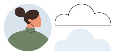 Woman with a bun wearing a green top in profile view, next to outlined and filled cloud shapes. Ideal for weather, simplicity, mindfulness, self-reflection, creativity, minimalism, and abstract