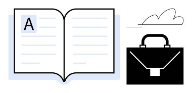 Open book with text beside a briefcase and small cloud. Ideal for education, career planning, business tools, learning, personal growth, productivity, corporate success. Simple flat metaphor