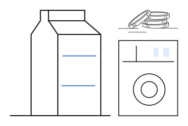 Süt kutusu, bozuk para ve çamaşır makinesi. Basit mavi aksanlı siyah-beyaz bir tasarım. Finans, ev ekonomisi, cihazlar, tüketim, minimalizm ve sadelik için ideal