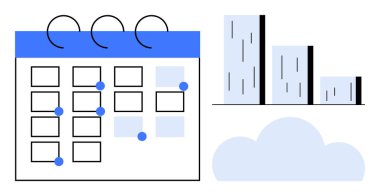 İşaretli tarihli takvim ızgarası, veri gösterimi için sütun şeması ve bulut ögesi. Planlama, planlama, organizasyon, verimlilik, veri takip işi için ideal. Basit düz
