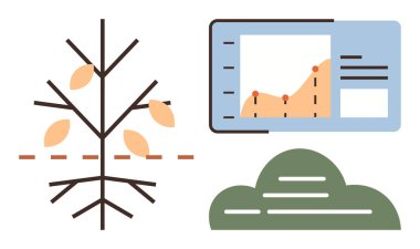 Growth chart beside a tree with dashed lines and scattered leaves, representing analysis, progress, and sustainability. Ideal for growth tracking, business, environment, data analysis, ecology