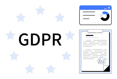 Yıldızlarla çevrili GDPR metni, imzalı belge, veri analiz penceresi. Gizlilik, veri koruması, şeffaflık, otorite, siber güvenlik politikası için ideal. Basit düz metafor