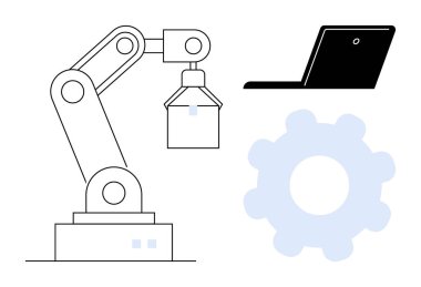 Robotic arm lifting a box alongside a laptop and a gear symbol. Ideal for automation, robotics, industry, innovation, technology, manufacturing, and production themes. Clean simple flat metaphor