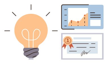 Ampul, yükselen grafiği olan büyüme tablosu, rozetli sertifika yenilik, ilerleme ve tanınma kavramlarını vurguluyor. İş, eğitim, yaratıcılık ve liderlik için ideal motivasyon.