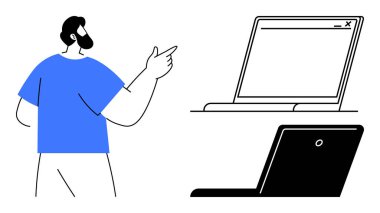 Bearded man gesturing toward an open laptop screen, engaging in explanation or presentation. Ideal for learning, communication, technology, business, webinars, teamwork consulting. Simple flat