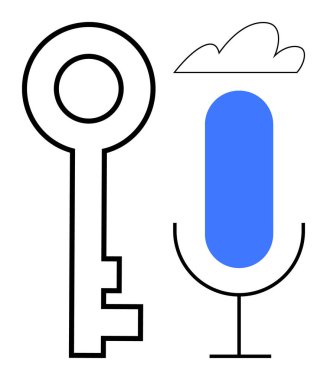 Outline of a key, microphone, and cloud emphasizing security, voice technology, and cloud storage. Ideal for data access, voice command, cloud computing, cybersecurity innovation tech solutions