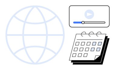 World globe, calendar, and media player emphasize global connectivity, event planning, and video streaming. Ideal for productivity, scheduling, virtual meetings, globalization media education