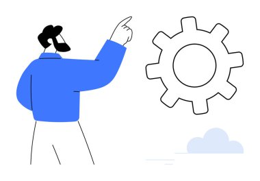 Male figure pointing to a large gear to signify workflow, innovation, or system design. Ideal for business, technology, engineering, management, creativity, strategy simple flat metaphor