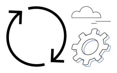 Dönen oklar bir dişli ve bulutun yanında bir döngü oluşturuyor. İş akışı, otomasyon, yenilik, süreç optimizasyonu, bulut teknolojisi, sistem güncellemesi ve yaratıcılık için ideal. Basit düz metafor