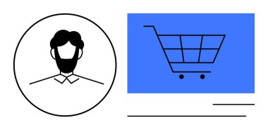 Parlak mavi arka planda bir alışveriş arabasının yanında daire çizen erkek avatar. E-ticaret, müşteri hesapları, perakende pazarlama, çevrimiçi işlemler, kullanıcı deneyimi, uygulama tasarımı, dijital
