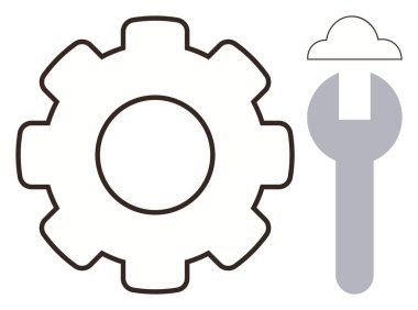 Gear and wrench with cloud visualize technology, maintenance, and tools. Ideal for tech service, cloud computing, IT support, engineering, repair software management teamwork. Simple flat metaphor