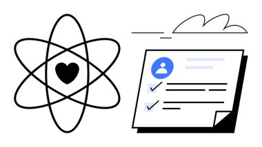 Merkezinde kalp olan basit bir atomik model ve kullanıcı simgesi, kontrol işareti ve metin içeren kontrol listesi profili. Bilim, aşk, organizasyon, insan kaynakları, sağlık, eğitim konuları için ideal