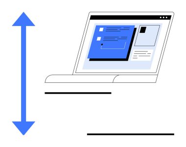 Laptop screen with webpage layout and vertical resizing arrow emphasizing responsiveness. Ideal for web design, digital tools, interface scaling, accessibility, UX concepts, adaptability, simple flat