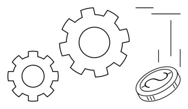 Two interlocking gears with a falling coin showcasing concepts of teamwork, financial systems, mechanical operations, or innovation. Ideal for business, industry, economy, teamwork, innovation