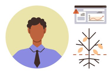 Businessperson in formal attire, analytical chart with alert icon, simplified tree diagram. Ideal for business planning, team management, financial analysis, career growth, leadership