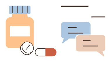 Turuncu hap şişesi, iki beyaz tablet, kırmızı-beyaz kapsül ve tıbbi tartışma ve iletişimi gösteren konuşma baloncukları. Sağlık, danışma, tedavi, eczane, reçete için ideal