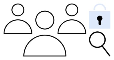 Three outlined human figures indicating a team, accompanied by a lock symbol for security and a magnifying glass for analysis. Ideal for teamwork, security, privacy, analysis, research, data