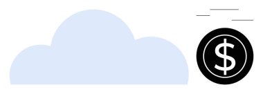 Daire içinde dolar işaretine yakın büyük bulut şekli, dijital depolama ve finansal işlemleri temsil ediyor. Teknoloji, finans, bulut sistemleri, online bankacılık, e-ticaret için ideal