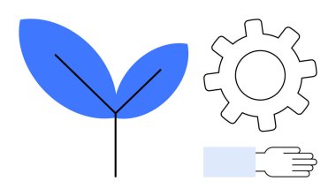 Simplistic plant with two leaves, mechanical gear, and outstretched hand emphasize harmony of technology, nature, teamwork, eco-friendly development, productivity, innovation, skill