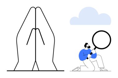 İri eller, bir bulutun altında büyüteçle araştırma yaparken diz çöken bir adamla birlikte dua pozisyonunda. Keşif, yansıtma, maneviyat, merak, araştırma için ideal